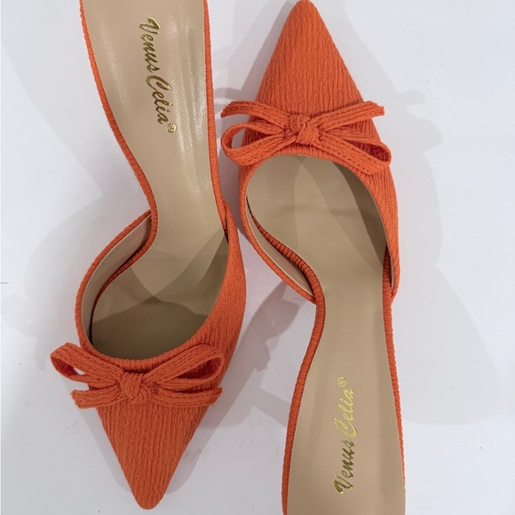 Orange Bow Mules kitten heel size 38 7.5/8 - Picture 3 of 8